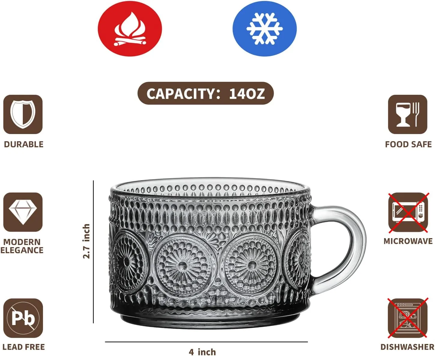 Gezzeny Vintage Glass Coffee Mugs 14 Oz Set of 2 Gray Embossed Tea Cups for Cappuccino, Latte,Cereal, Yogurt, Beverage Hot/Cold Mother's Father's Day Gifts