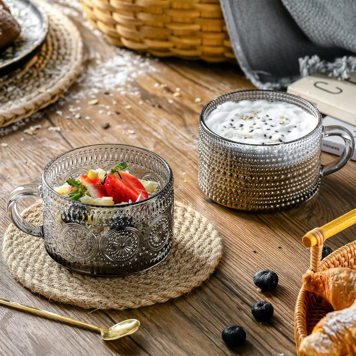 Gezzeny Vintage Glass Coffee Mugs 14 Oz Set of 2 Gray Embossed Tea Cups for Cappuccino, Latte,Cereal, Yogurt, Beverage Hot/Cold Mother's Father's Day Gifts