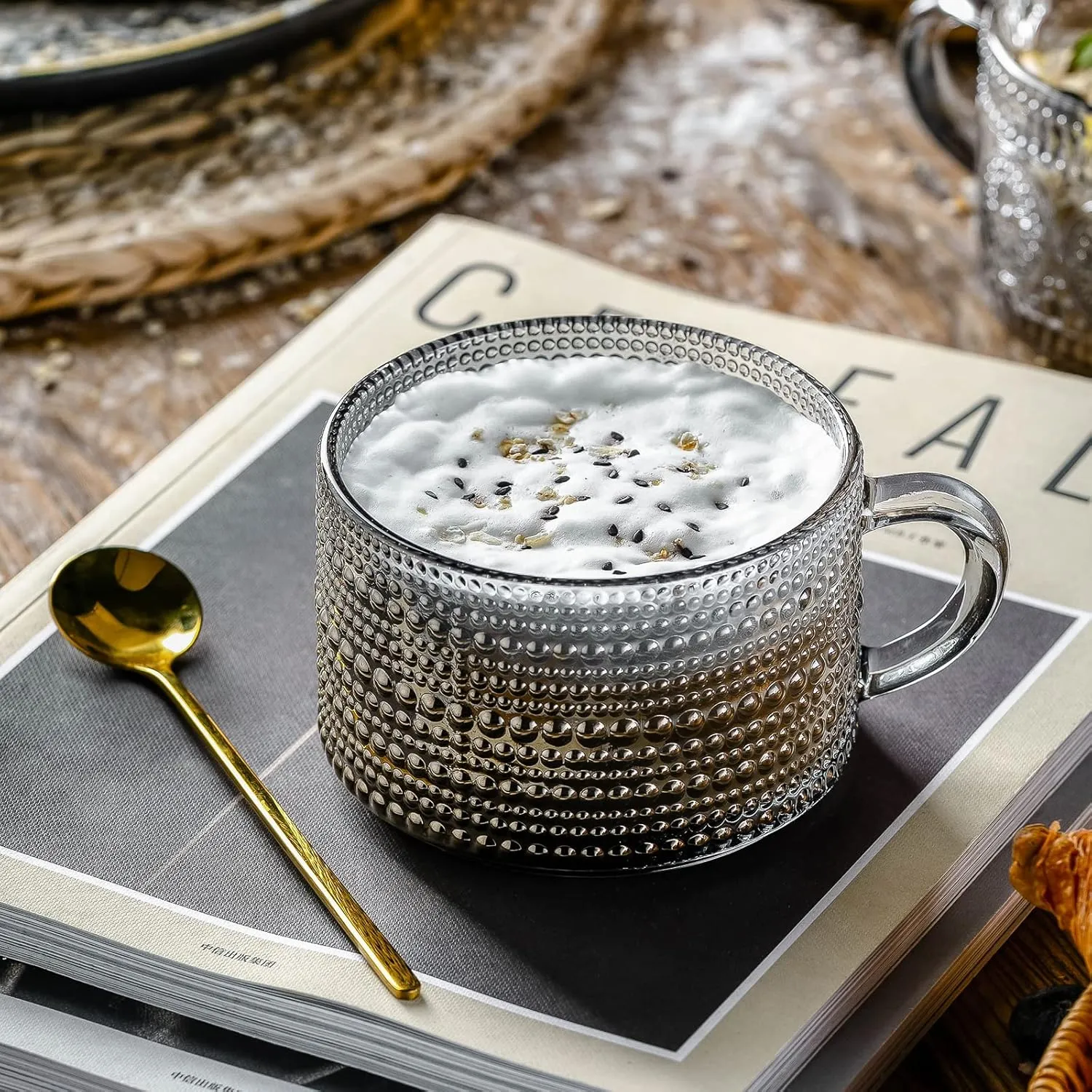 Gezzeny Vintage Glass Coffee Mugs 14 Oz Set of 2 Gray Embossed Tea Cups for Cappuccino, Latte,Cereal, Yogurt, Beverage Hot/Cold Mother's Father's Day Gifts