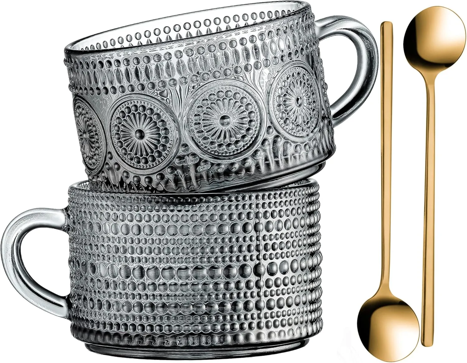 Gezzeny Vintage Glass Coffee Mugs 14 Oz Set of 2 Gray Embossed Tea Cups for Cappuccino, Latte,Cereal, Yogurt, Beverage Hot/Cold Mother's Father's Day Gifts
