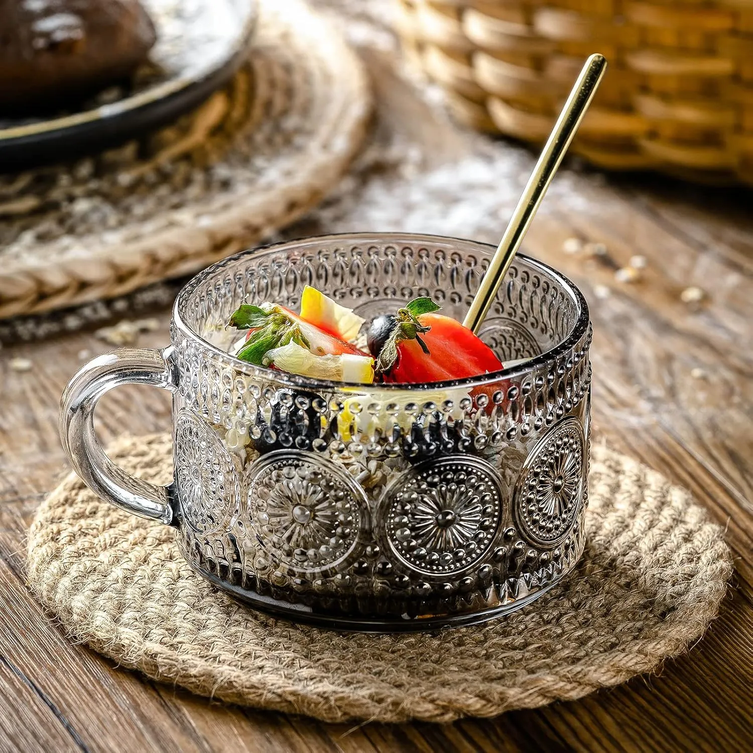 Gezzeny Vintage Glass Coffee Mugs 14 Oz Set of 2 Gray Embossed Tea Cups for Cappuccino, Latte,Cereal, Yogurt, Beverage Hot/Cold Mother's Father's Day Gifts
