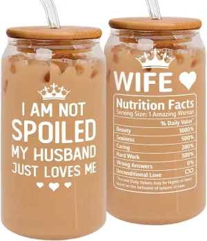 Gifts for Wife - Wife Birthday Gift Ideas from Husband - Wedding Anniversary for Women, Valentines, Mothers Day, Christmas for Her - Romantic Cup for Her - 16 Oz Can Glass with Lid, Straw & Brush