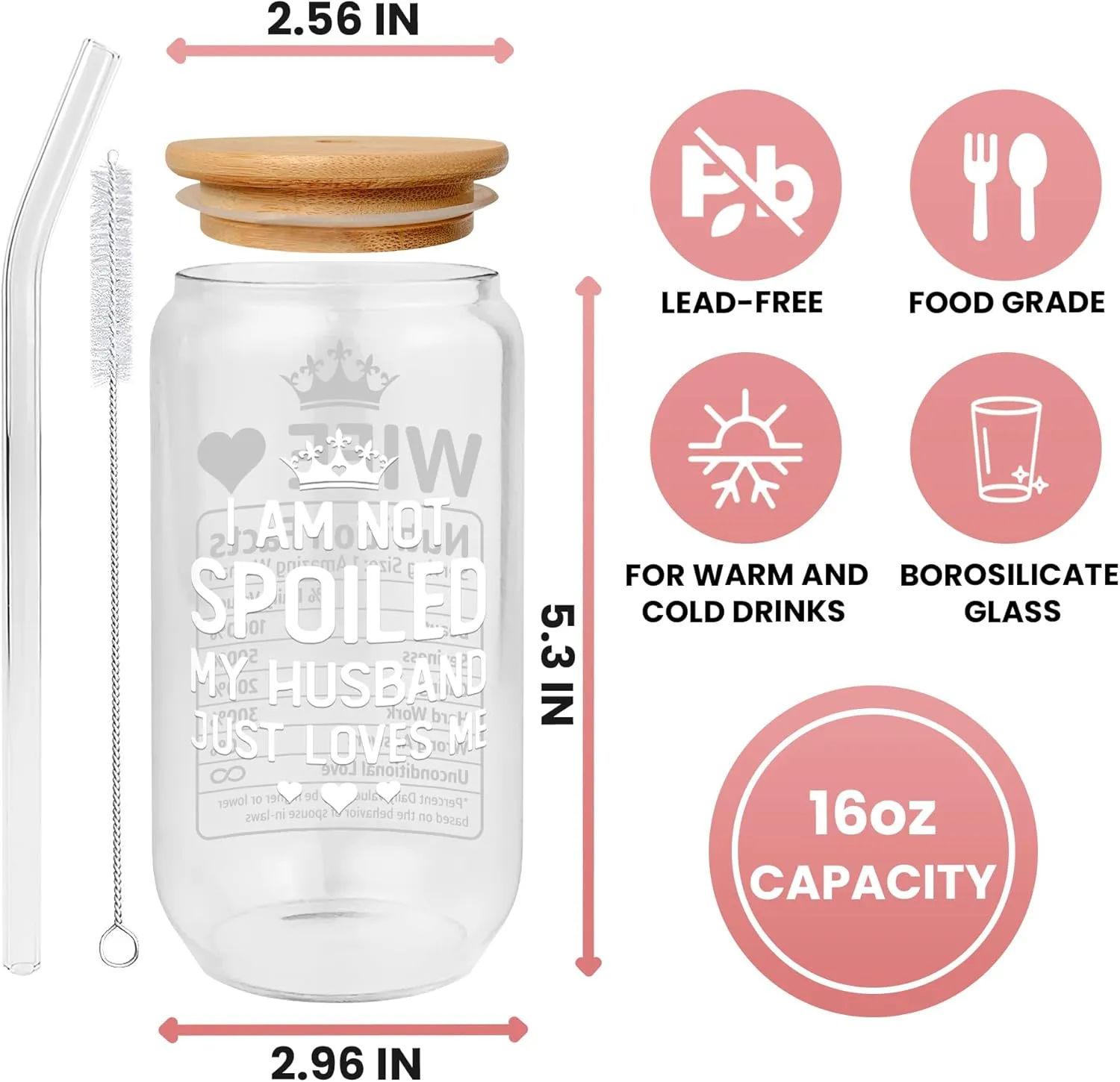 Gifts for Wife - Wife Birthday Gift Ideas from Husband - Wedding Anniversary for Women, Valentines, Mothers Day, Christmas for Her - Romantic Cup for Her - 16 Oz Can Glass with Lid, Straw & Brush