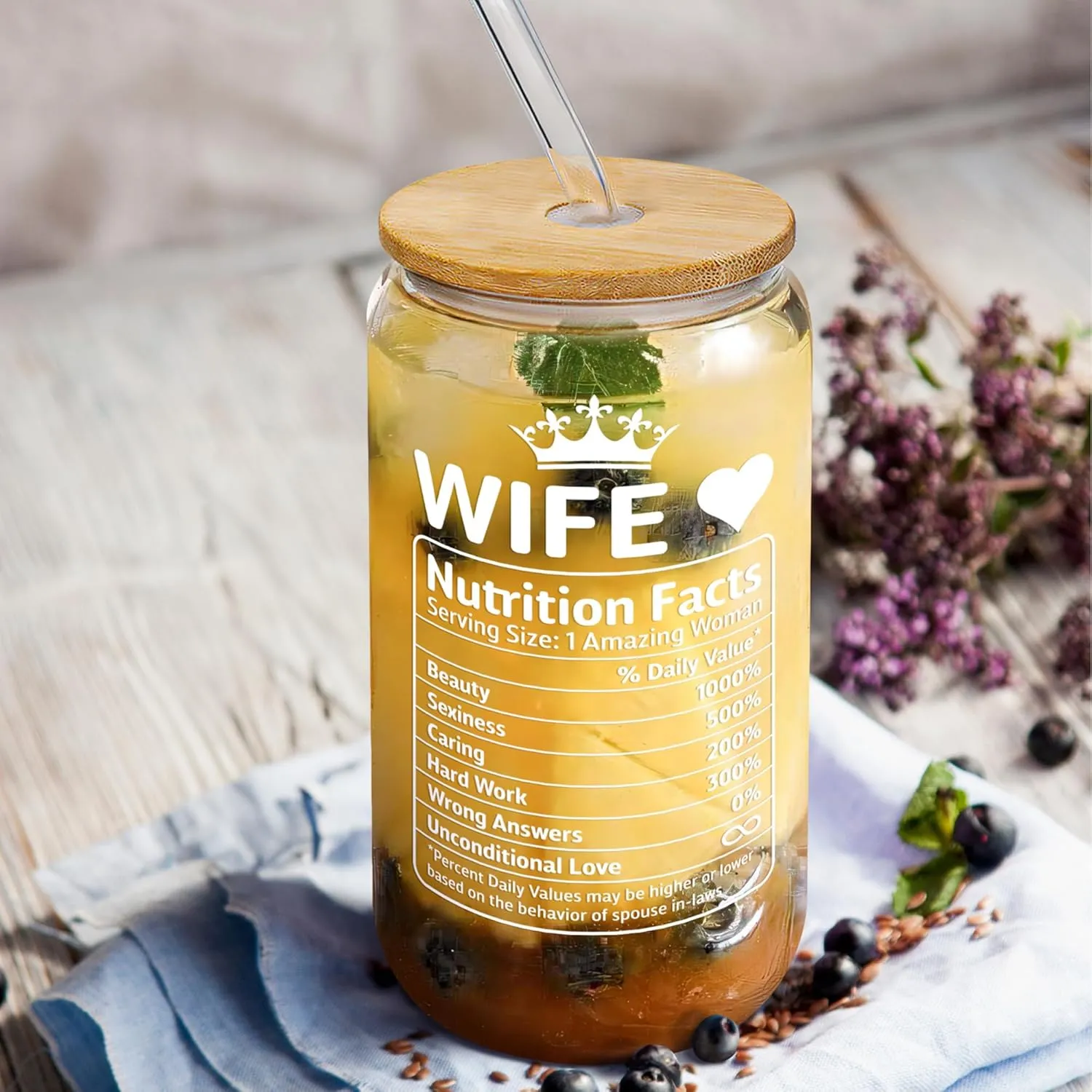 Gifts for Wife - Wife Birthday Gift Ideas from Husband - Wedding Anniversary for Women, Valentines, Mothers Day, Christmas for Her - Romantic Cup for Her - 16 Oz Can Glass with Lid, Straw & Brush