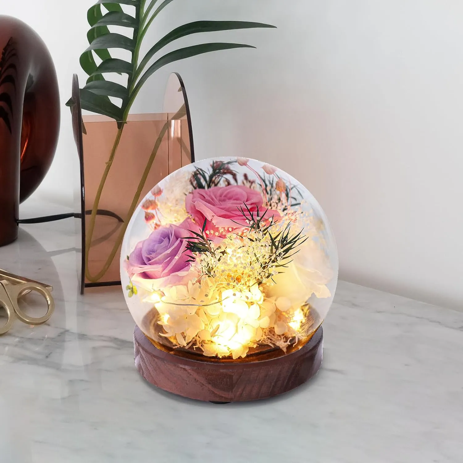 Gifts for Women Preserved Real Flowers,Preserved Roses with Hydrangea and LED Lights,Valentine Day Mothers Day Christmas Birthday Gifts for Women Mom Friend（Pink Rose）