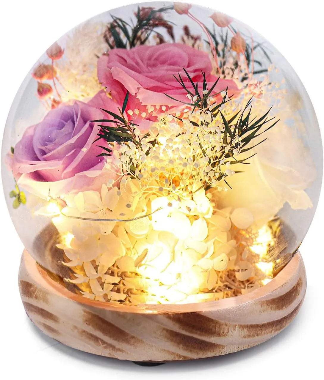 Gifts for Women Preserved Real Flowers,Preserved Roses with Hydrangea and LED Lights,Valentine Day Mothers Day Christmas Birthday Gifts for Women Mom Friend（Pink Rose）