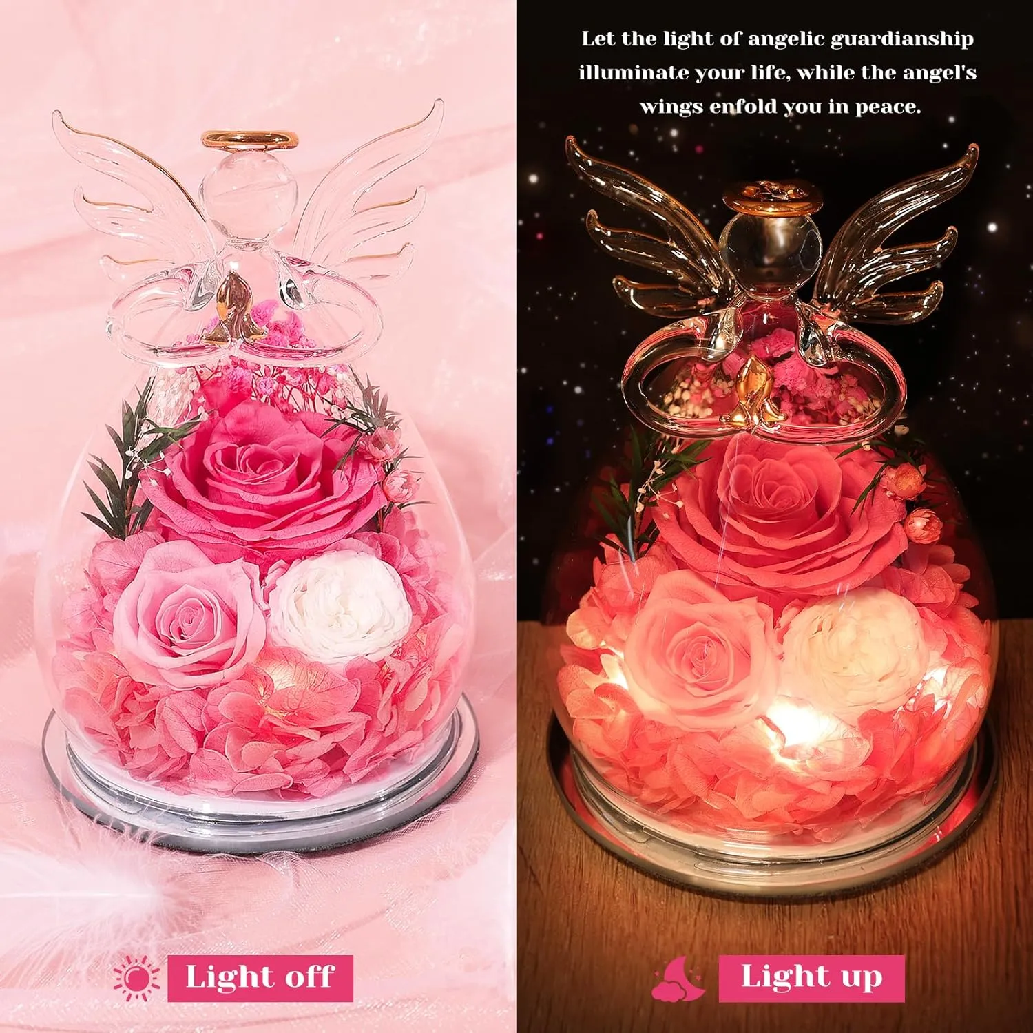 Gifts for Women Preserved Rose Forever Flower in Glass Angel Figurines Fresh Flowers for Delivery Prime Mothers Day Birthday Gifts for Mom Real Pink Roses for Grandma Sister Wife Her from Daughter