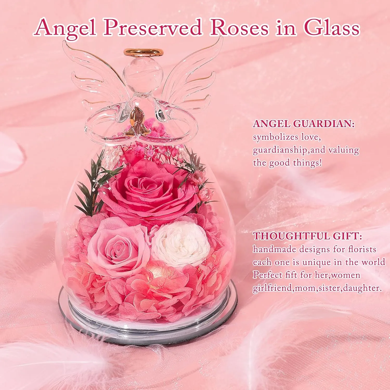 Gifts for Women Preserved Rose Forever Flower in Glass Angel Figurines Fresh Flowers for Delivery Prime Mothers Day Birthday Gifts for Mom Real Pink Roses for Grandma Sister Wife Her from Daughter