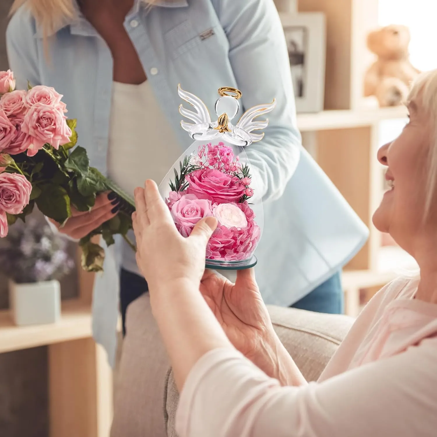 Gifts for Women Preserved Rose Forever Flower in Glass Angel Figurines Fresh Flowers for Delivery Prime Mothers Day Birthday Gifts for Mom Real Pink Roses for Grandma Sister Wife Her from Daughter