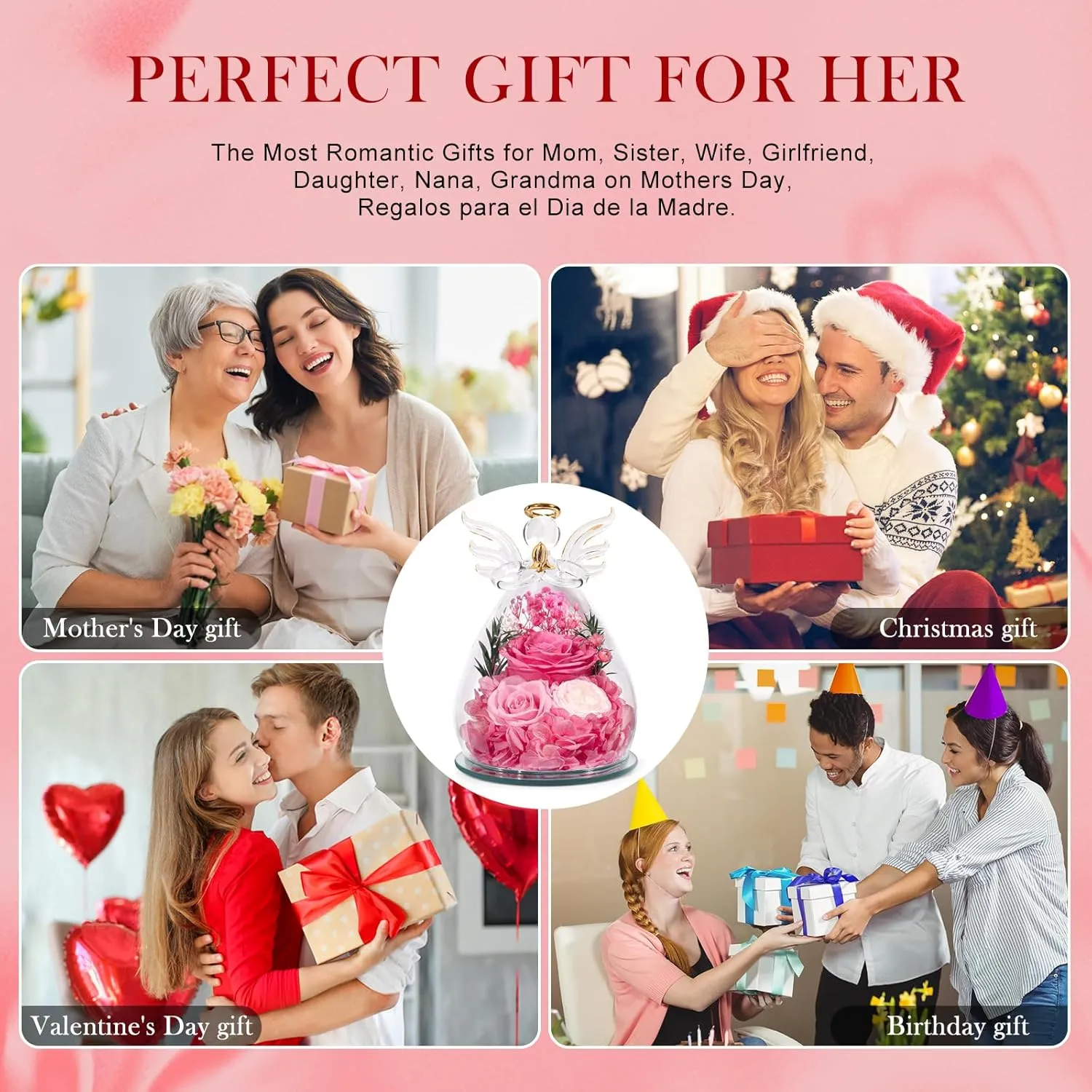 Gifts for Women Preserved Rose Forever Flower in Glass Angel Figurines Fresh Flowers for Delivery Prime Mothers Day Birthday Gifts for Mom Real Pink Roses for Grandma Sister Wife Her from Daughter