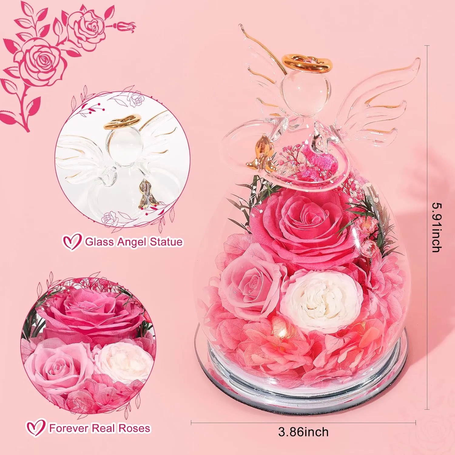 Gifts for Women Preserved Rose Forever Flower in Glass Angel Figurines Fresh Flowers for Delivery Prime Mothers Day Birthday Gifts for Mom Real Pink Roses for Grandma Sister Wife Her from Daughter
