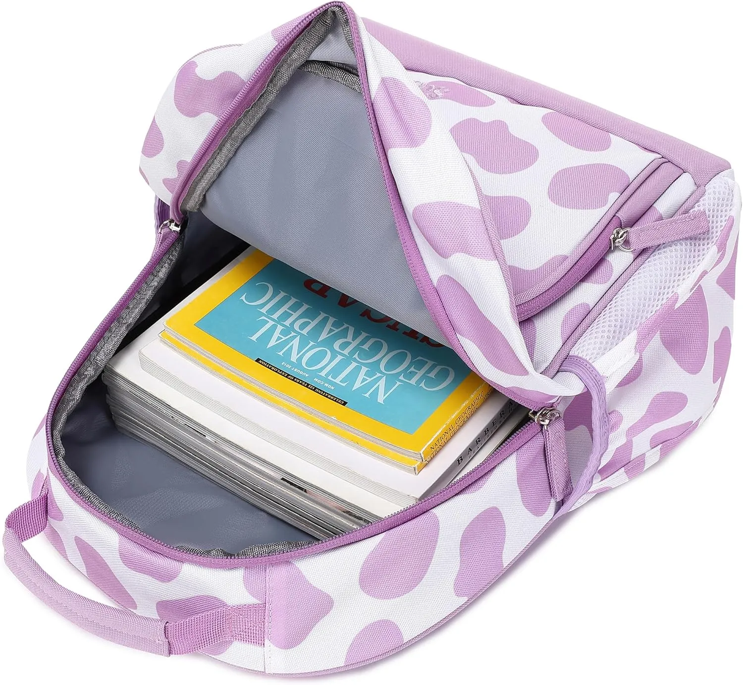 Girls Backpack for School Kids 15 inch Backpack for Kindergarten Cow Print Bookbag for Girls 3-6 (Purple Cow Print)