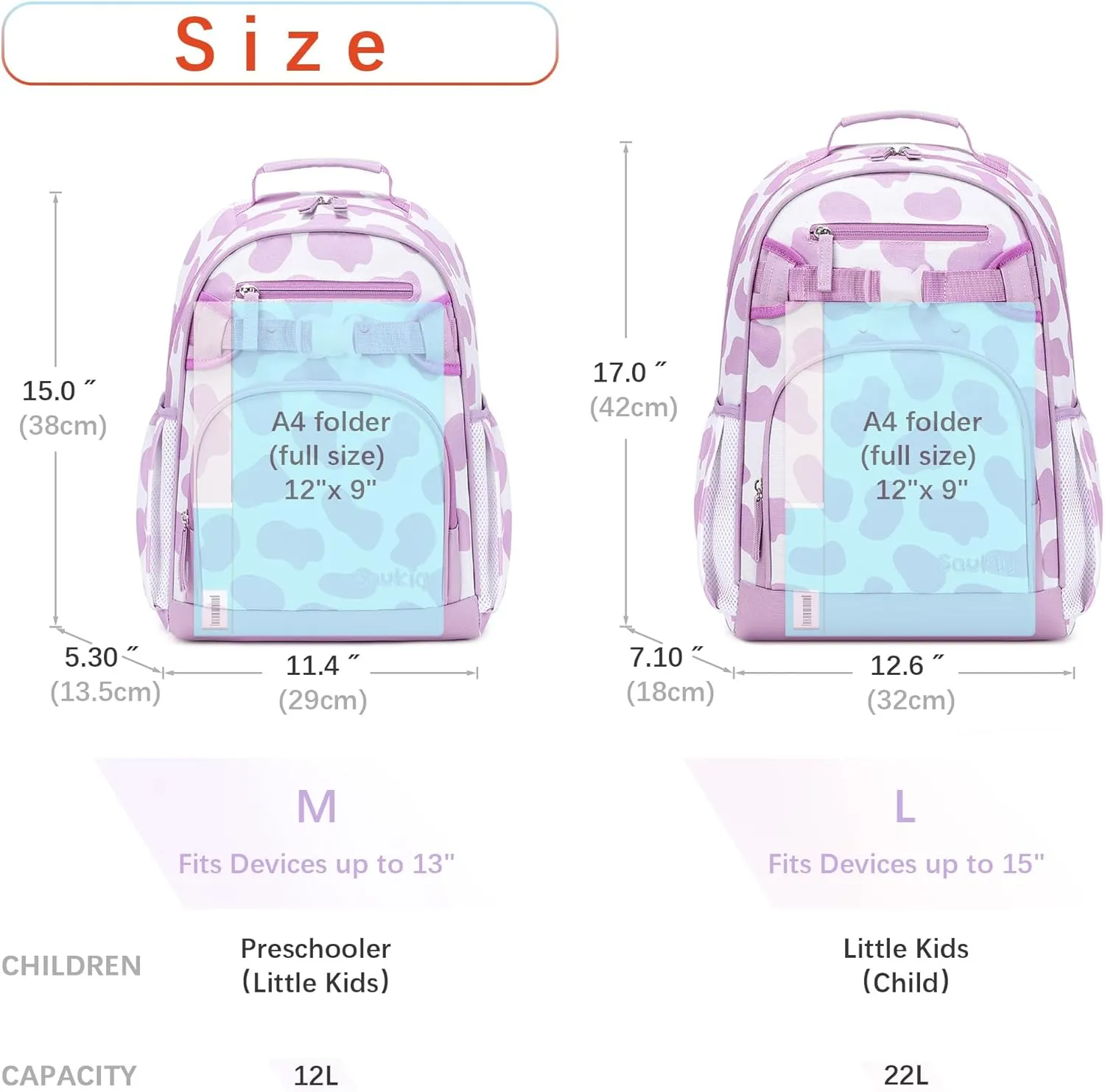 Girls Backpack for School Kids 15 inch Backpack for Kindergarten Cow Print Bookbag for Girls 3-6 (Purple Cow Print)