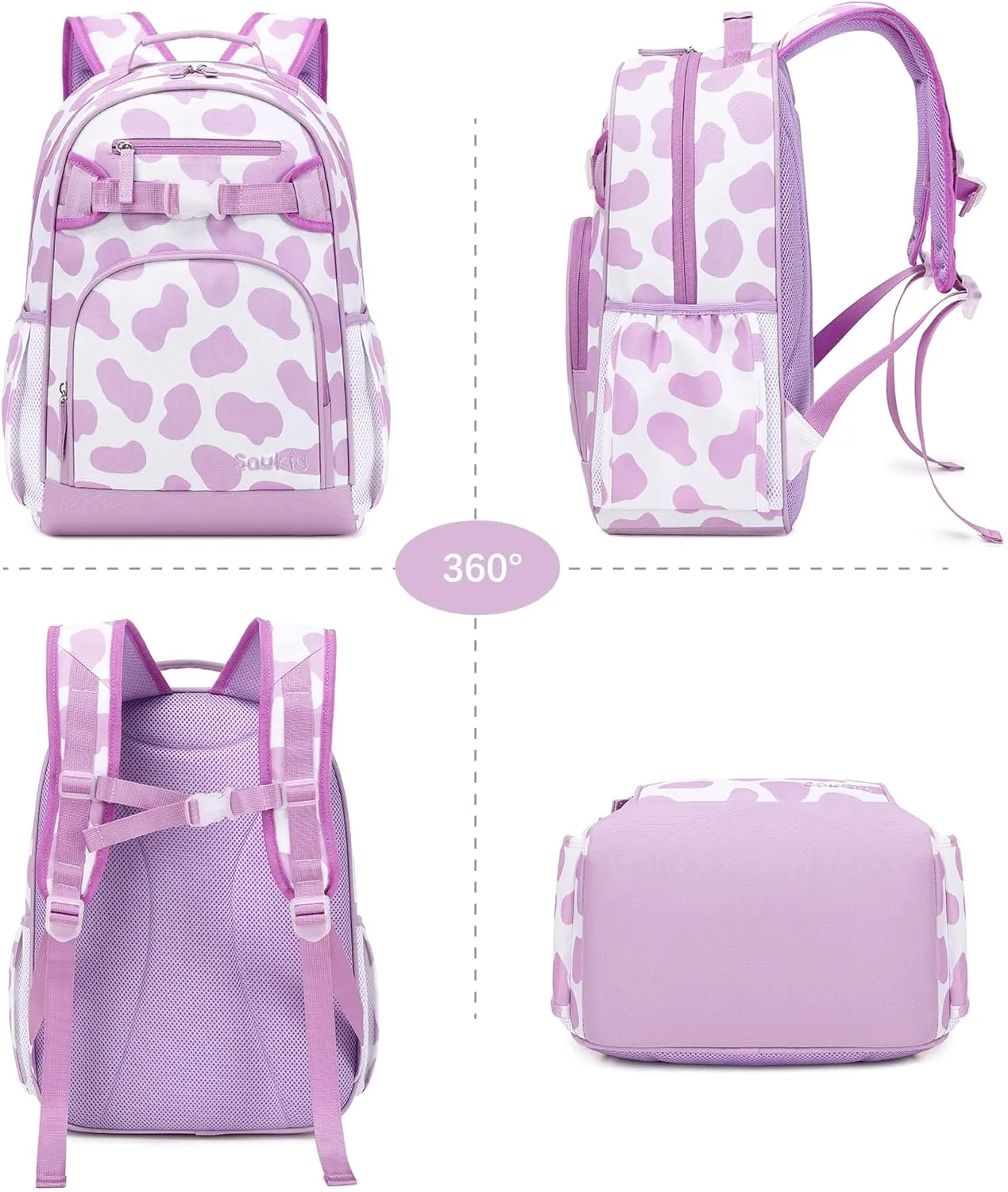 Girls Backpack for School Kids 15 inch Backpack for Kindergarten Cow Print Bookbag for Girls 3-6 (Purple Cow Print)