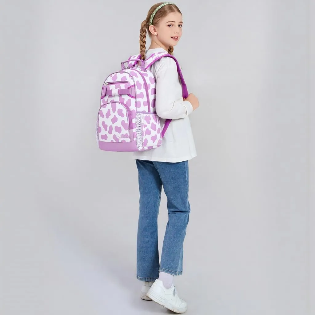 Girls Backpack for School Kids 15 inch Backpack for Kindergarten Cow Print Bookbag for Girls 3-6 (Purple Cow Print)