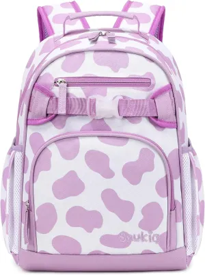 Girls Backpack for School Kids 15 inch Backpack for Kindergarten Cow Print Bookbag for Girls 3-6 (Purple Cow Print)