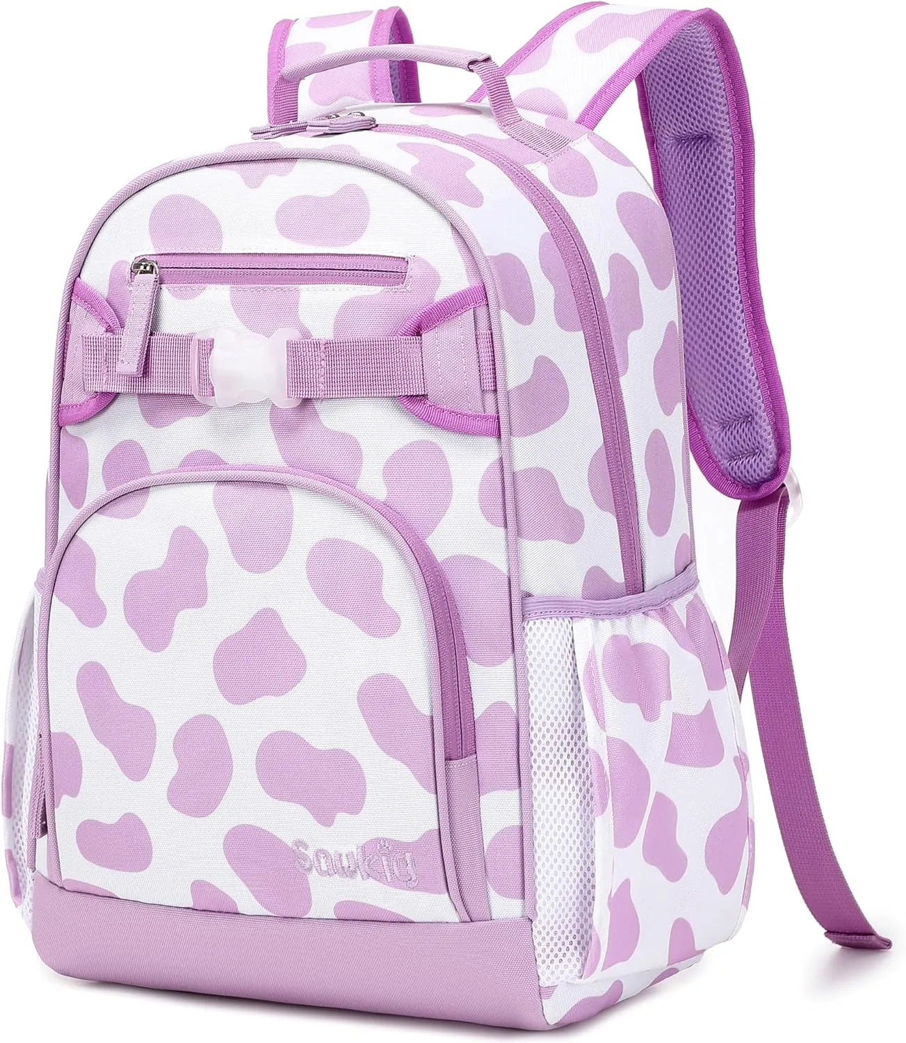 Girls Backpack for School Kids 15 inch Backpack for Kindergarten Cow Print Bookbag for Girls 3-6 (Purple Cow Print)