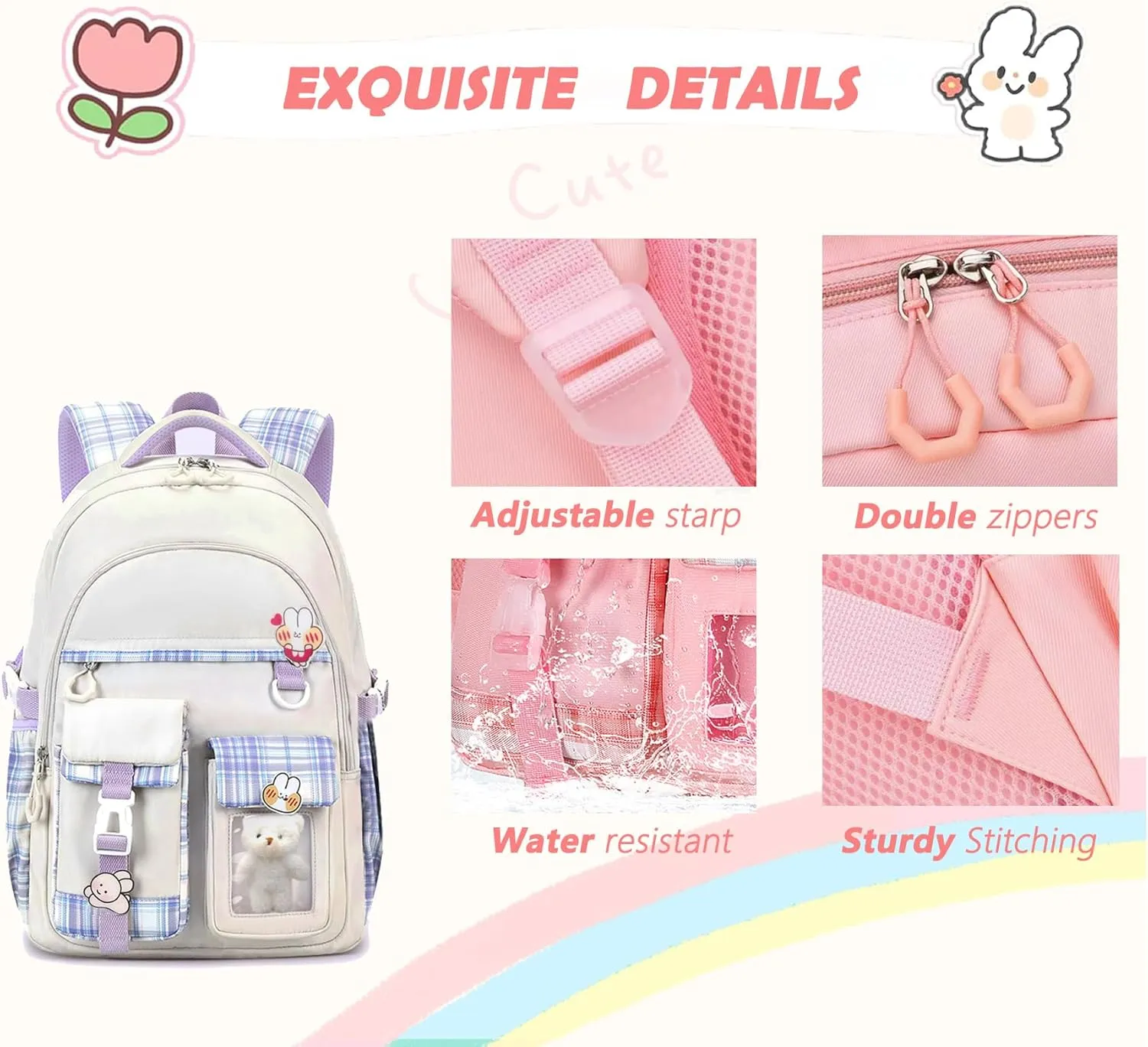 Girls Backpack，Cute School Backpack for Girls Kids Teens，Kawaii Bookbag for Primary Elementary，White