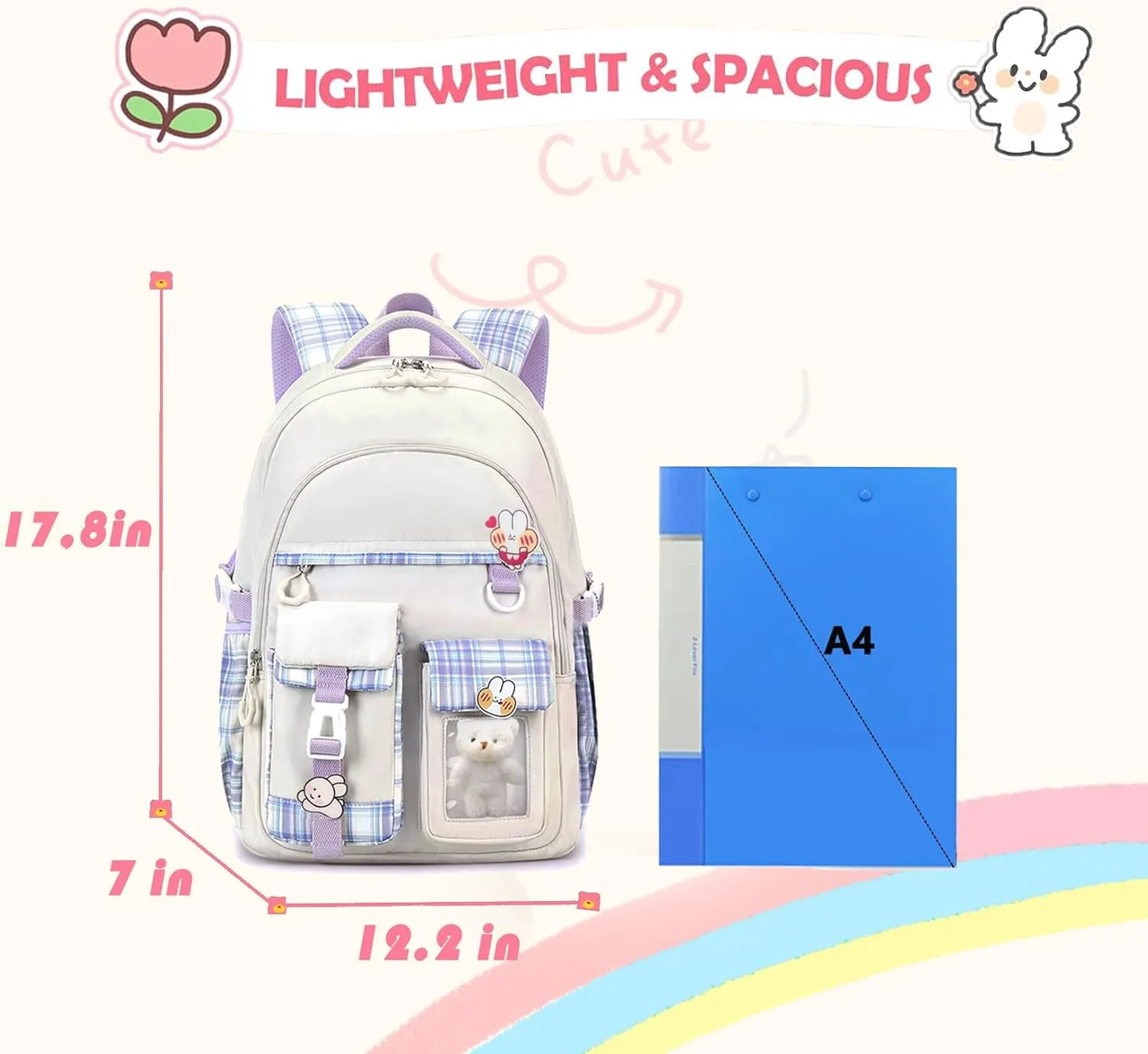 Girls Backpack，Cute School Backpack for Girls Kids Teens，Kawaii Bookbag for Primary Elementary，White