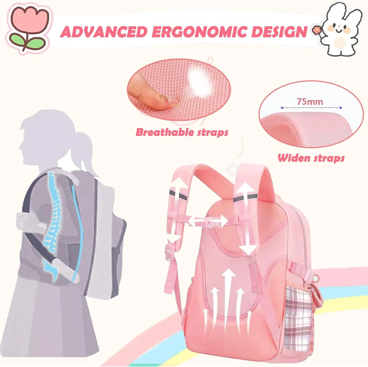 Girls Backpack，Cute School Backpack for Girls Kids Teens，Kawaii Bookbag for Primary Elementary，White