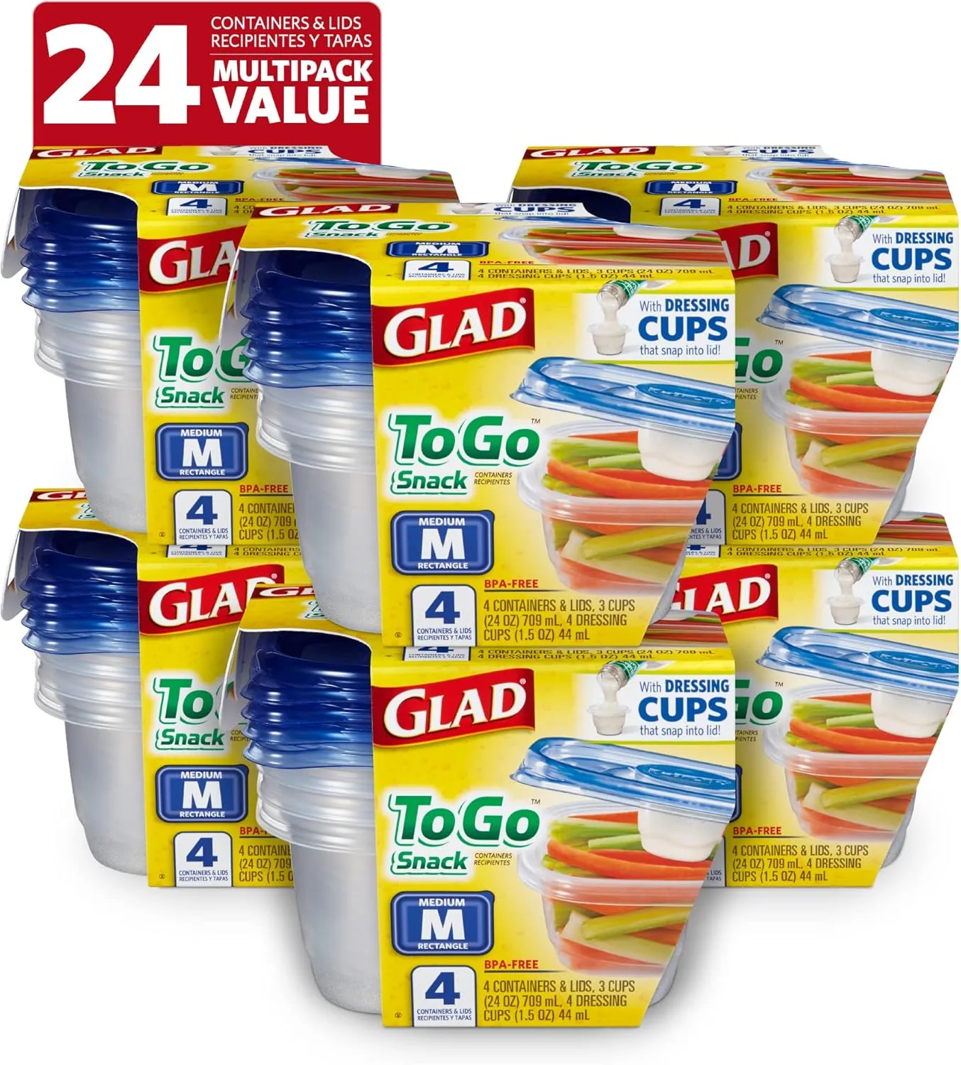 Glad To Go Food Storage Containers | Medium 24 oz Containers for Food Storage from Strong and Sturdy Rectangle Containers in Standard Size, 4 Count - 6 Pack