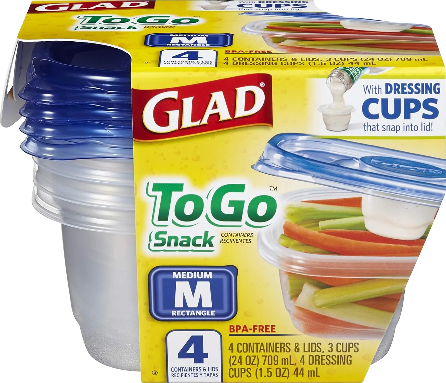 Glad To Go Food Storage Containers | Medium 24 oz Containers for Food Storage from Strong and Sturdy Rectangle Containers in Standard Size, 4 Count - 6 Pack