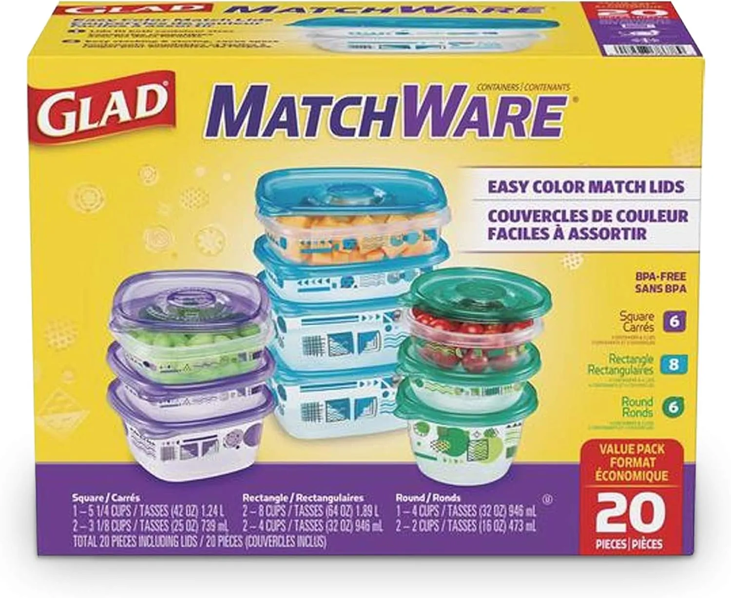 GladWare Matchware Food Storage Containers, 20 pc Value Pack Rainbow Kitchen Storage Containers | Glad Lock Tight Seal, BPA Free Lunch Containers, Glad Plastic Food Containers with Lids