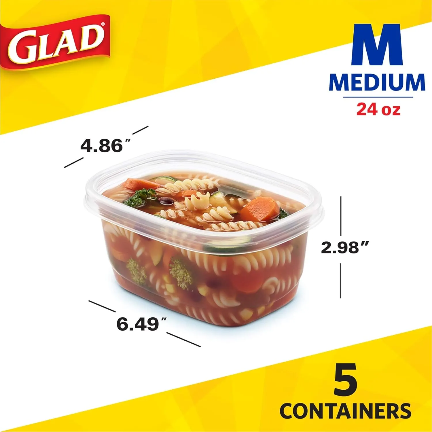 GladWare Soup & Salad Food Storage Containers for Everyday Use | Medium Rectangle Containers for Food Storage | Containers Hold up to 24 Ounces of Food, 5 Count Set