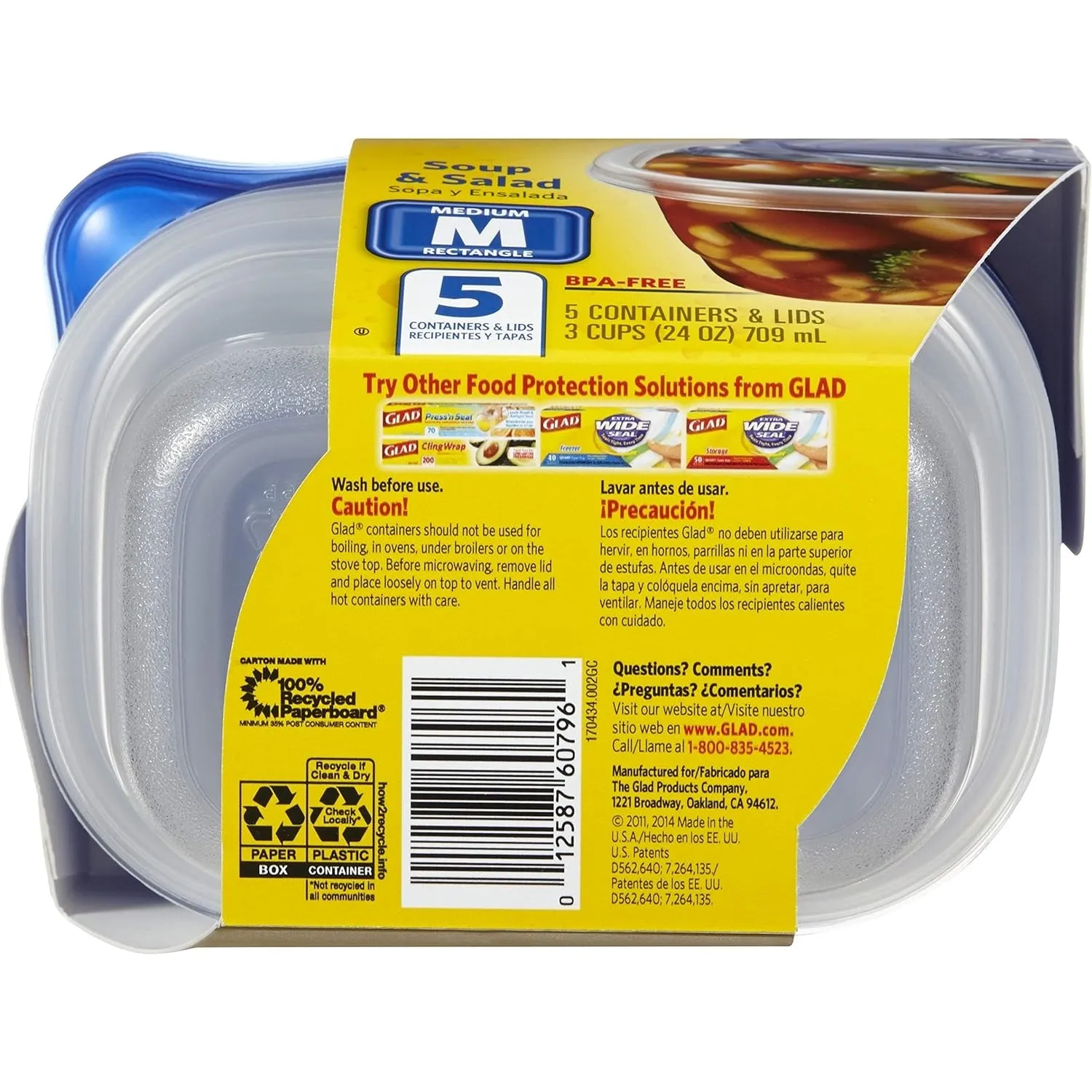 GladWare Soup & Salad Food Storage Containers for Everyday Use | Medium Rectangle Containers for Food Storage | Containers Hold up to 24 Ounces of Food, 5 Count Set