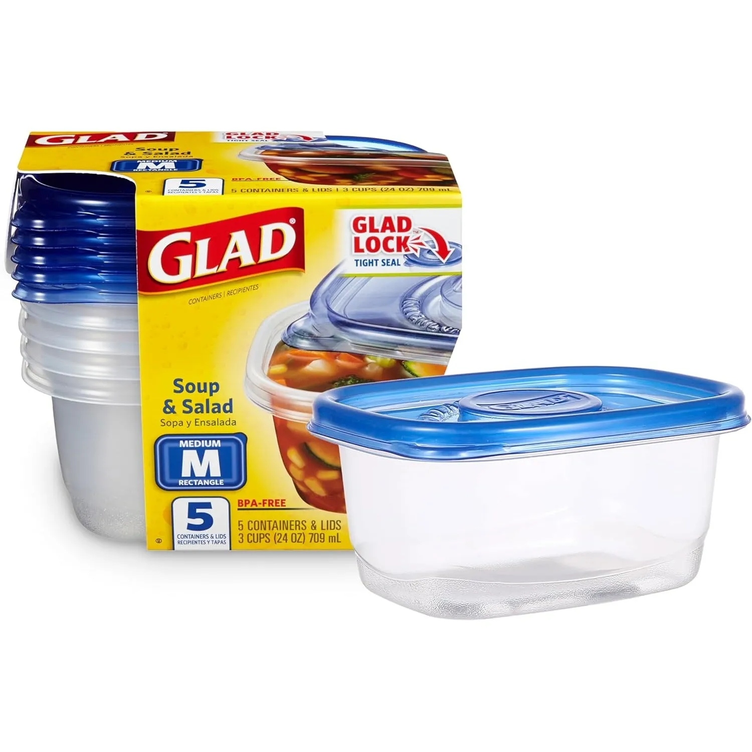 GladWare Soup & Salad Food Storage Containers for Everyday Use | Medium Rectangle Containers for Food Storage | Containers Hold up to 24 Ounces of Food, 5 Count Set