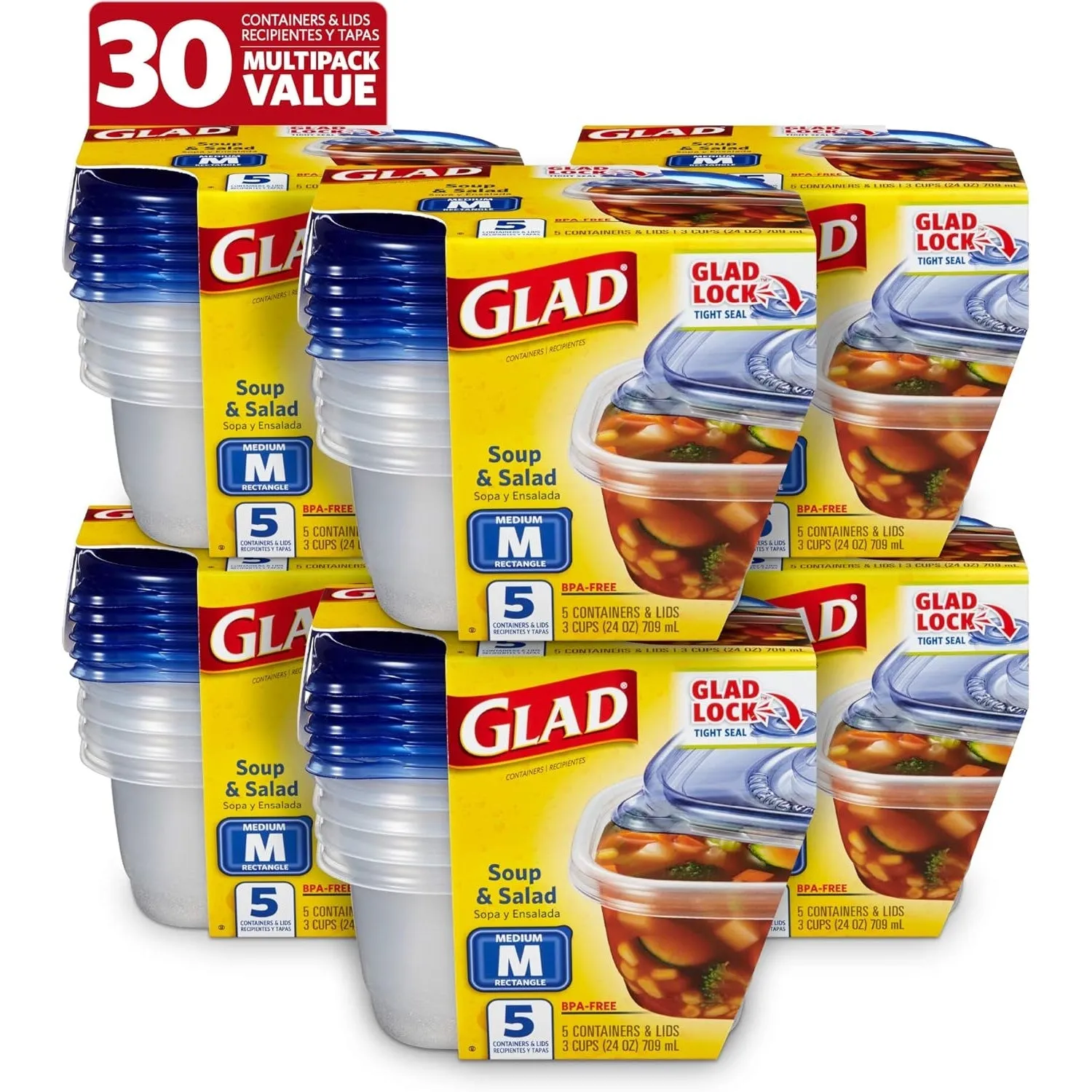 GladWare Soup & Salad Food Storage Containers for Everyday Use | Medium Rectangle Containers for Food Storage | Containers Hold up to 24 Ounces of Food, 5 Count Set