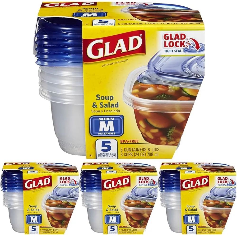 GladWare Soup & Salad Food Storage Containers for Everyday Use | Medium Rectangle Containers for Food Storage | Containers Hold up to 24 Ounces of Food, 5 Count Set