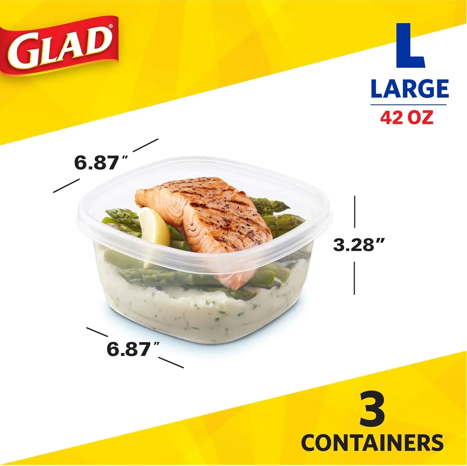 GladWare Tall Entree Food Storage Containers for Everyday Use | Large Square Food Containers Hold 42 Ounces of Food, 3 Count | Glad Containers for Food Storage