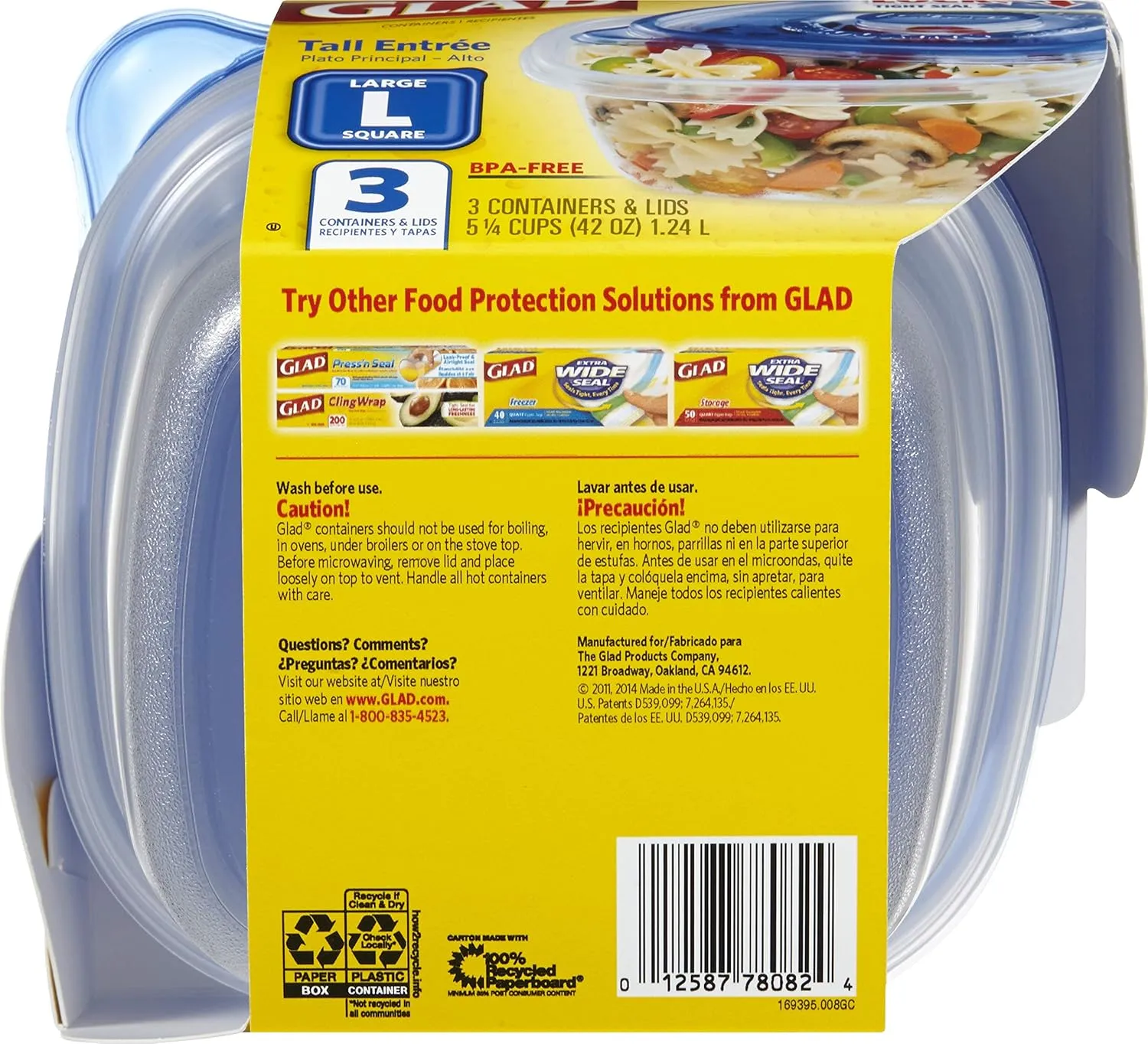 GladWare Tall Entree Food Storage Containers for Everyday Use | Large Square Food Containers Hold 42 Ounces of Food, 3 Count | Glad Containers for Food Storage