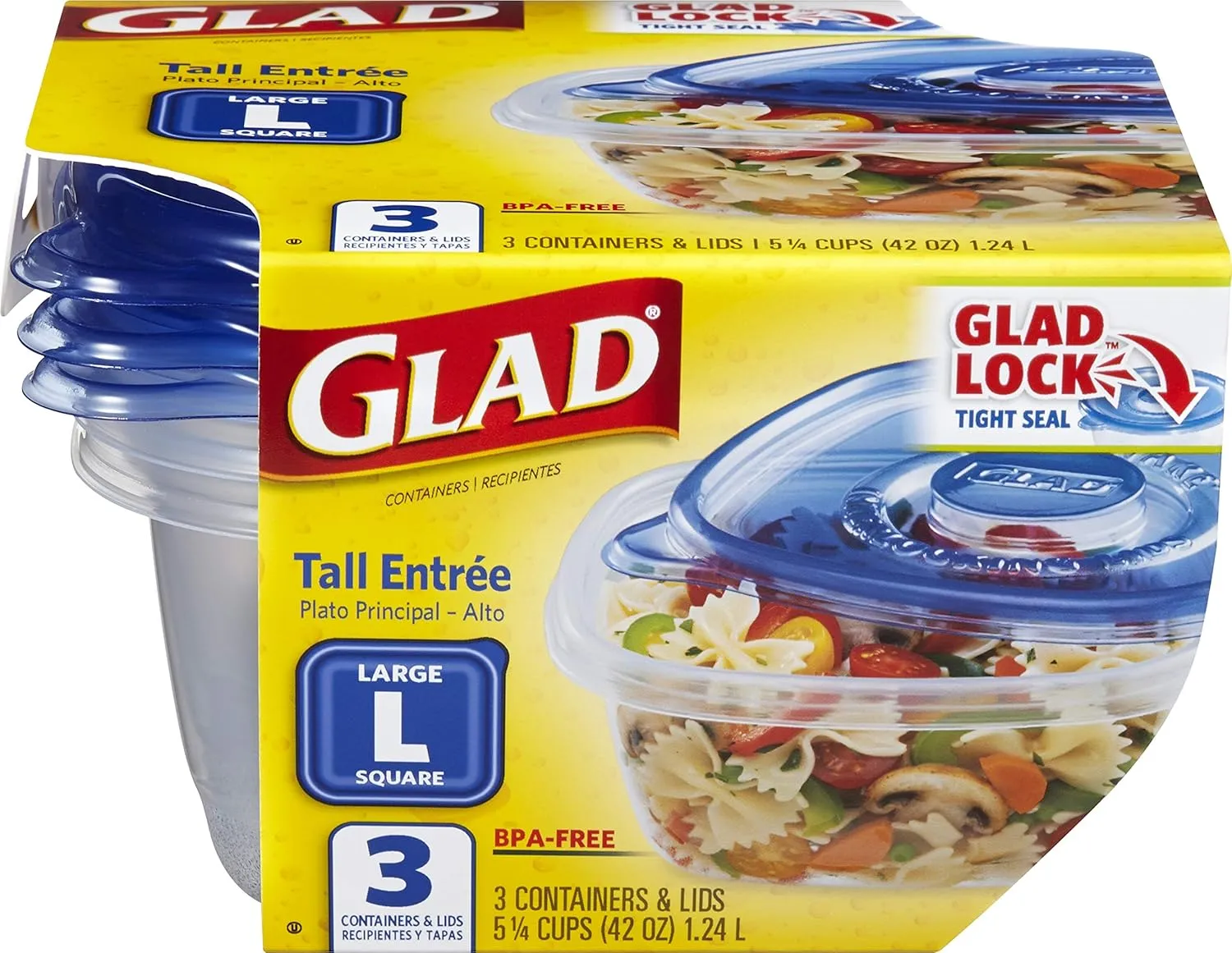 GladWare Tall Entree Food Storage Containers for Everyday Use | Large Square Food Containers Hold 42 Ounces of Food, 3 Count | Glad Containers for Food Storage