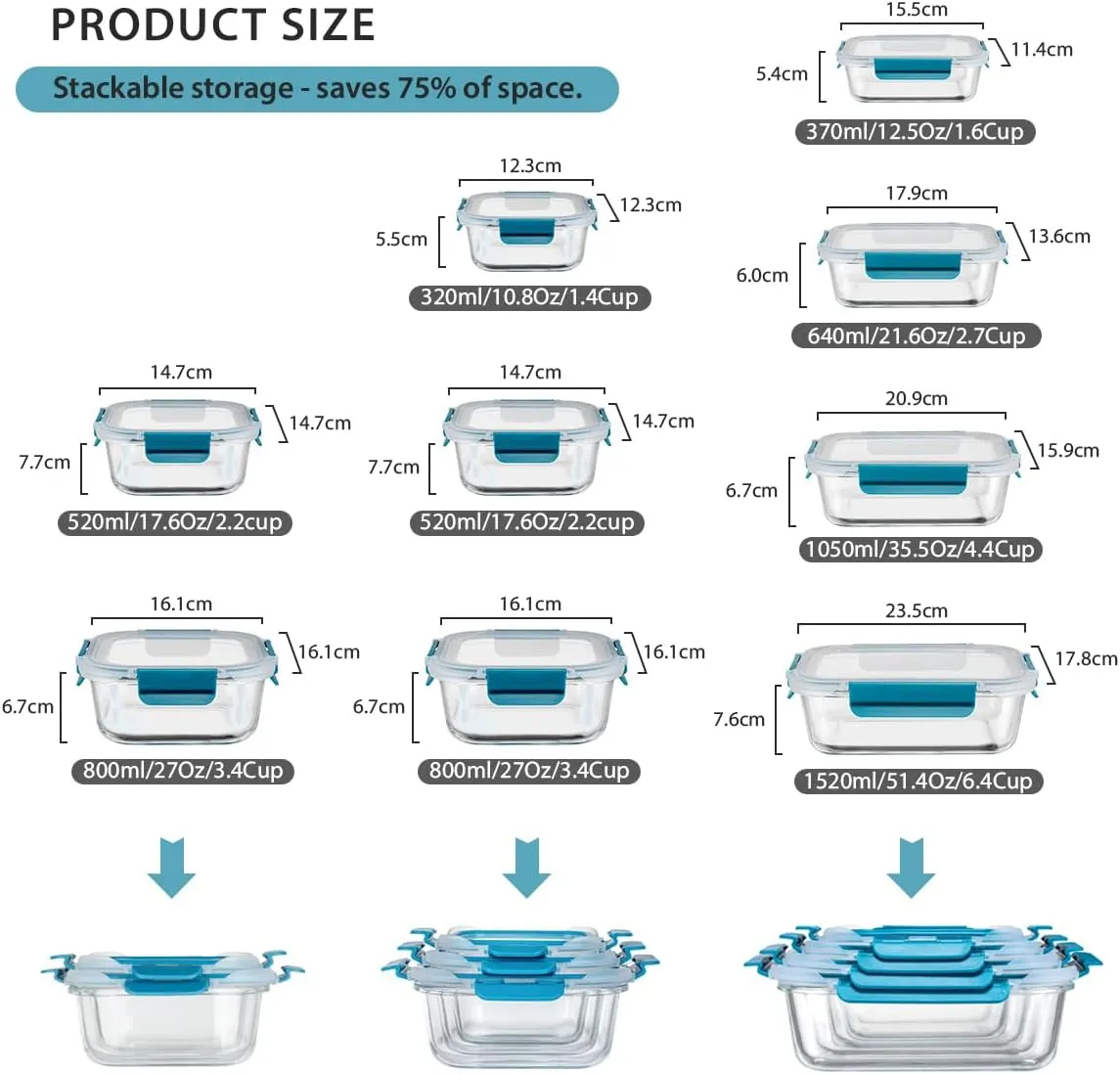 Glass Food Storage Containers with Airtight Lids-Glass Meal Prep Containers/Bento Box/Microwave Freezer Dishwasher Safe-Glass Lunch Box for Kitchen,Stackable,Large Capacity, BPA Free