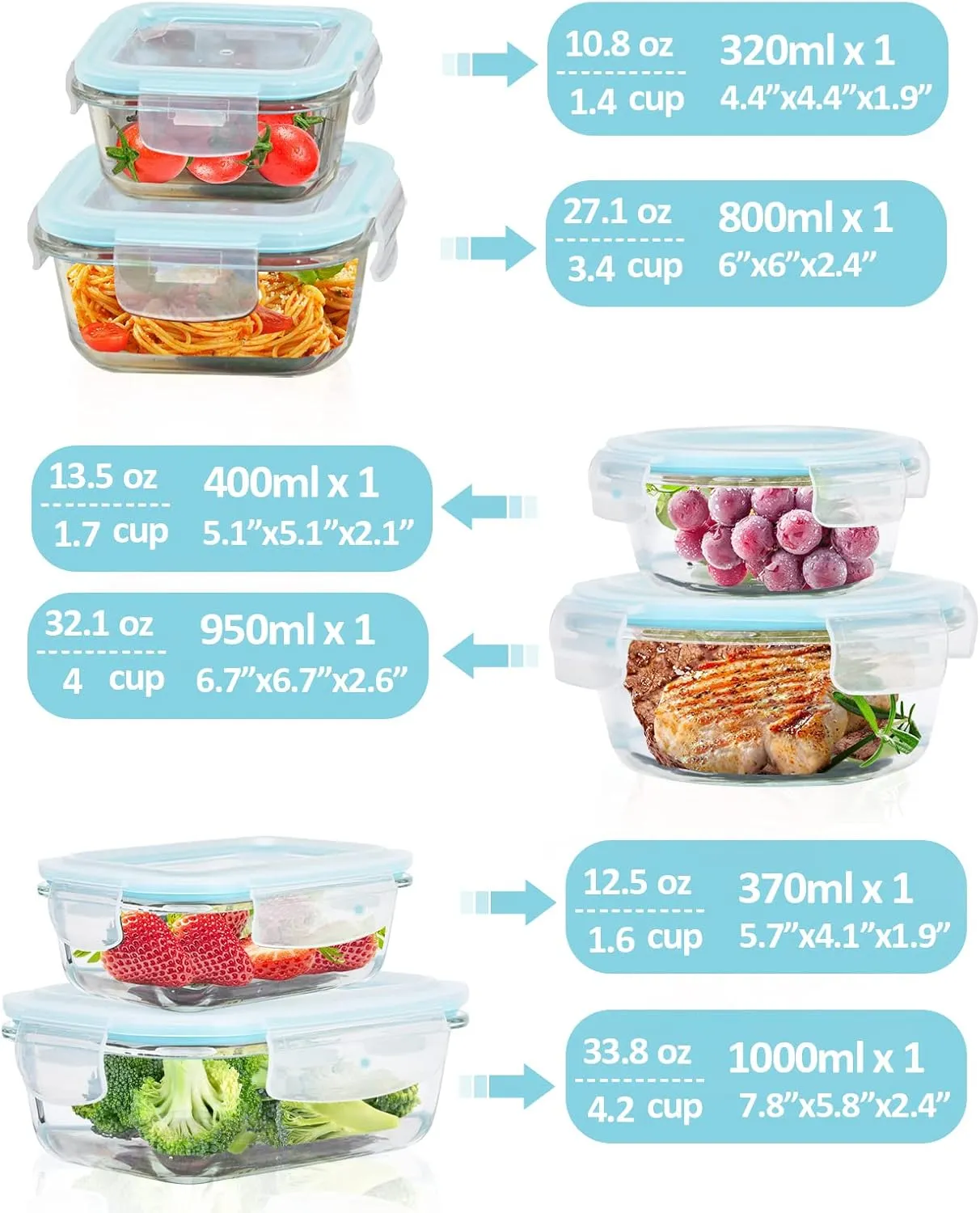 Glass Food Storage Containers With Lids Airtight 6 Pack, Not Easy Broken & Leak Proof, Oven/Dishwasher Safe, Blue