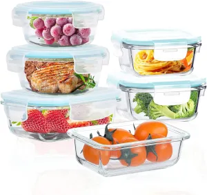 Glass Food Storage Containers With Lids Airtight 6 Pack, Not Easy Broken & Leak Proof, Oven/Dishwasher Safe, Blue