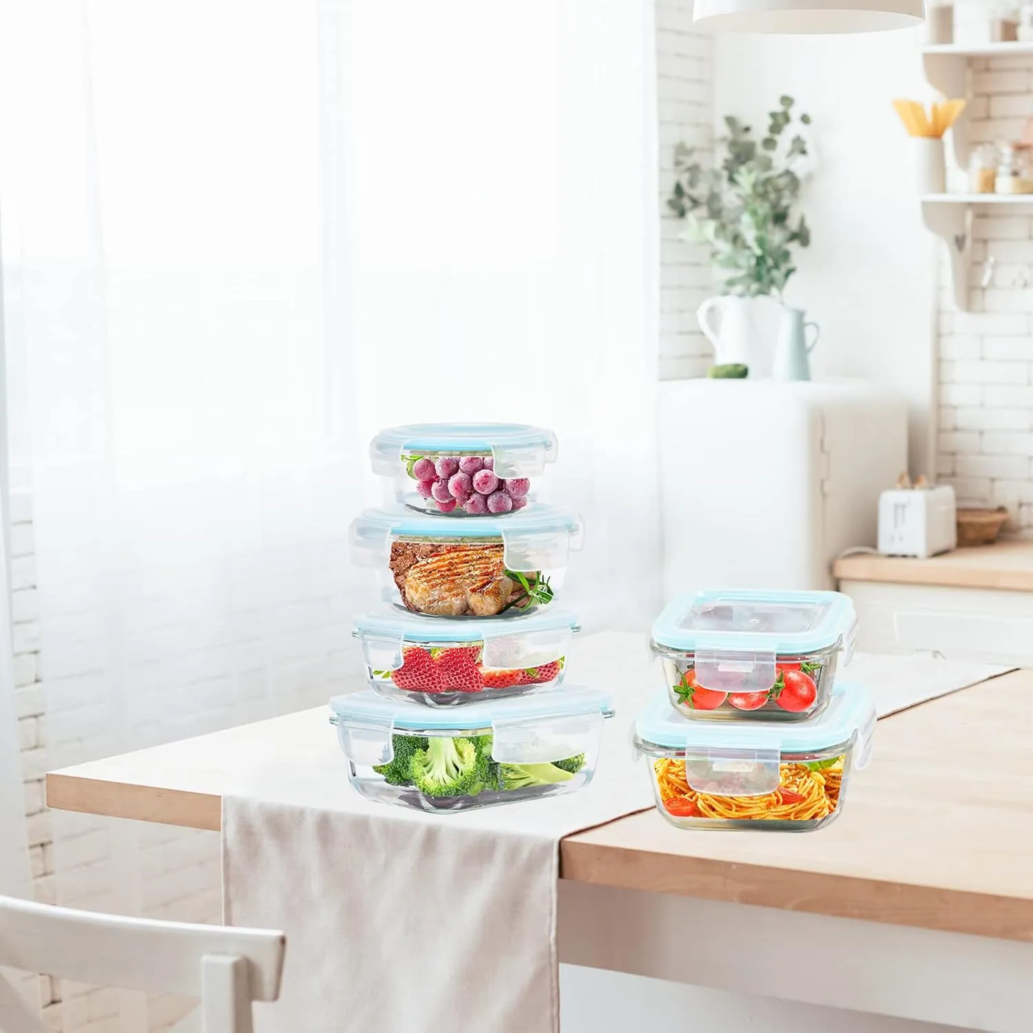 Glass Food Storage Containers With Lids Airtight 6 Pack, Not Easy Broken & Leak Proof, Oven/Dishwasher Safe, Blue
