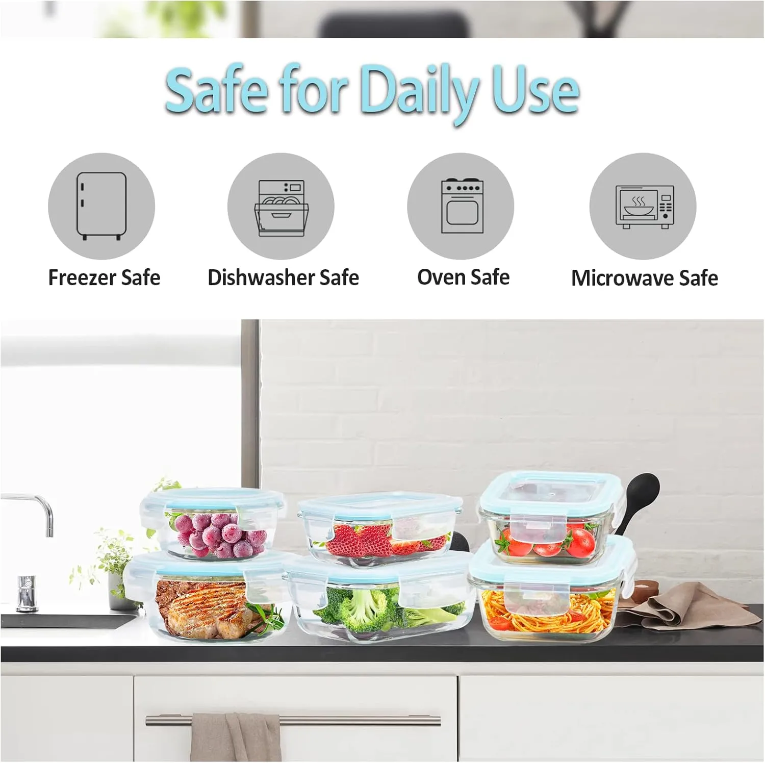 Glass Food Storage Containers With Lids Airtight 6 Pack, Not Easy Broken & Leak Proof, Oven/Dishwasher Safe, Blue