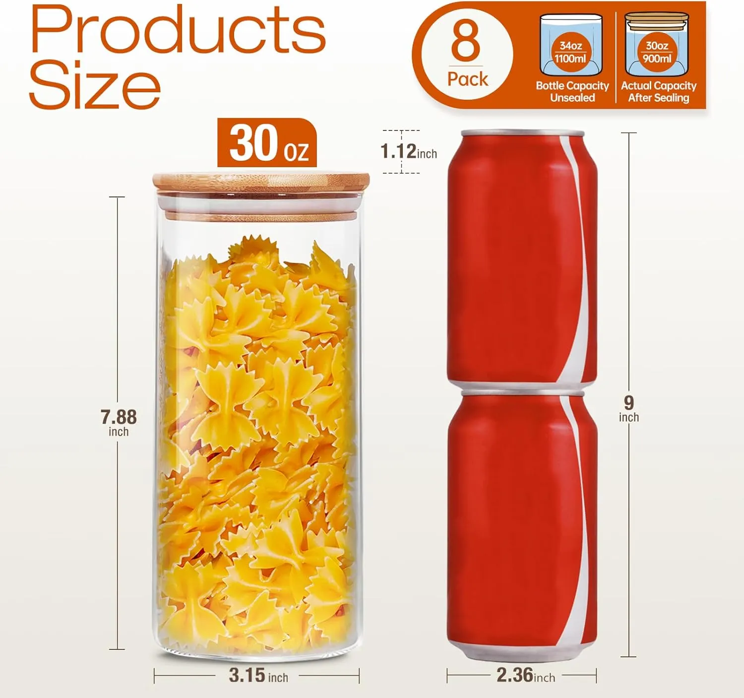 Glass Jars with Bamboo Lids 30 floz [Set of 8], Glass Canisters with Airtight Lids, Glass Food Storage Containers for Pasta, Oats, Coffee, Flour, Sugar, Rice, Best for Kitchen & Pantry