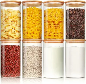 Glass Jars with Bamboo Lids 30 floz [Set of 8], Glass Canisters with Airtight Lids, Glass Food Storage Containers for Pasta, Oats, Coffee, Flour, Sugar, Rice, Best for Kitchen & Pantry