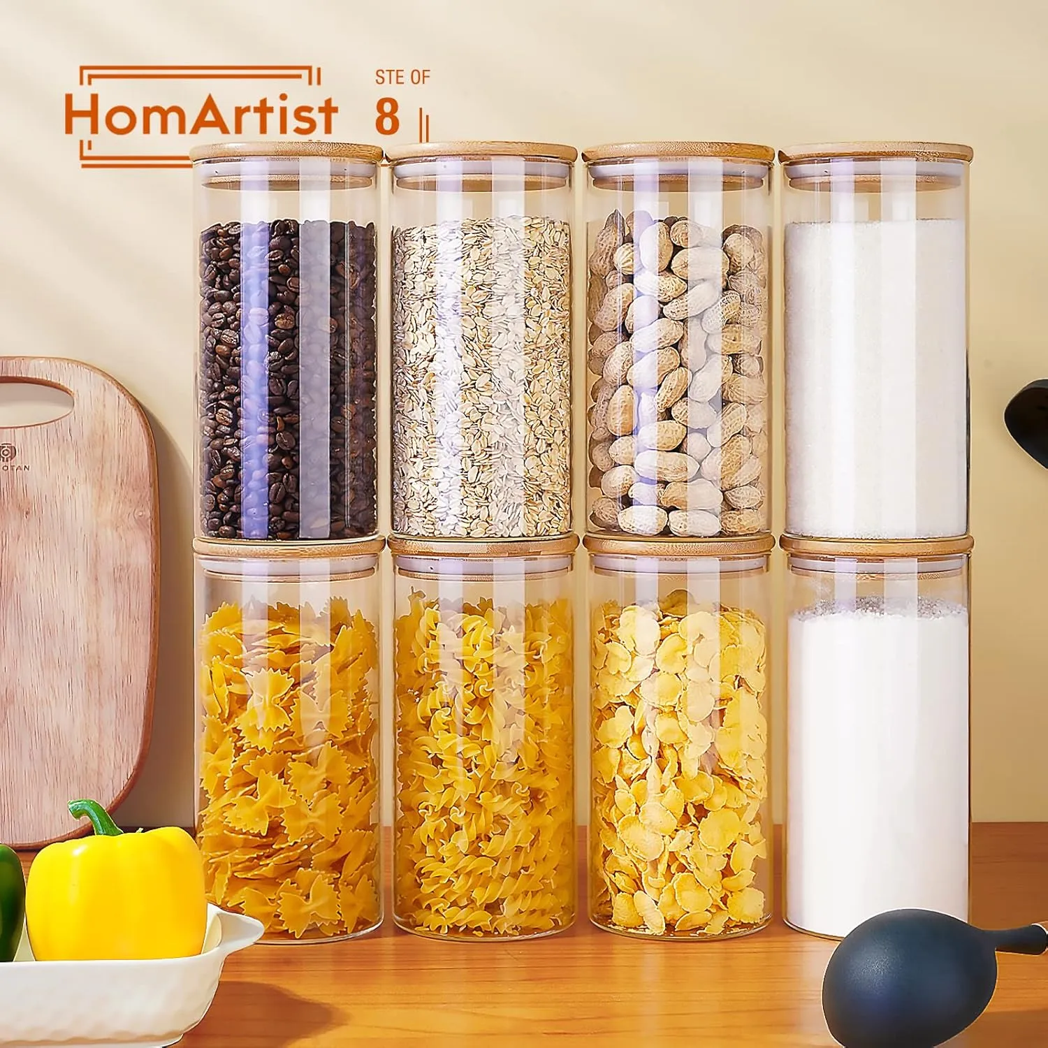 Glass Jars with Bamboo Lids 30 floz [Set of 8], Glass Canisters with Airtight Lids, Glass Food Storage Containers for Pasta, Oats, Coffee, Flour, Sugar, Rice, Best for Kitchen & Pantry