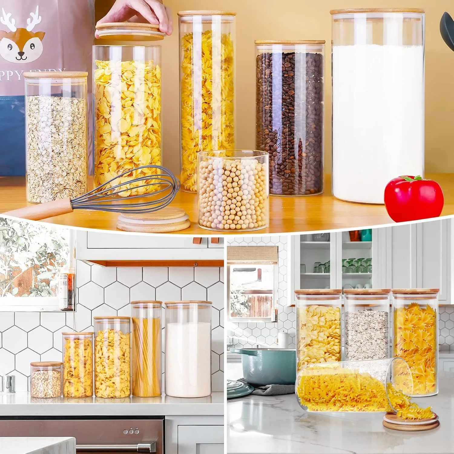 Glass Jars with Bamboo Lids 30 floz [Set of 8], Glass Canisters with Airtight Lids, Glass Food Storage Containers for Pasta, Oats, Coffee, Flour, Sugar, Rice, Best for Kitchen & Pantry