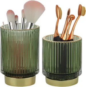 Glass Makeup Brush Holders in 2 Packs, Vintage Pencil Holders, Organizers for Makeup, Display Cups for Decorative Cosmetics Eyeliners, Office Desktop Pencil Holders (Green)