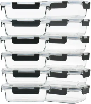 Glass Meal Prep Containers 12-Pack, 22oz Glass Food Storage Containers with Lids, Air-Tight, Leak-Resistant, Freezer to Microwave Safe-Grey Set