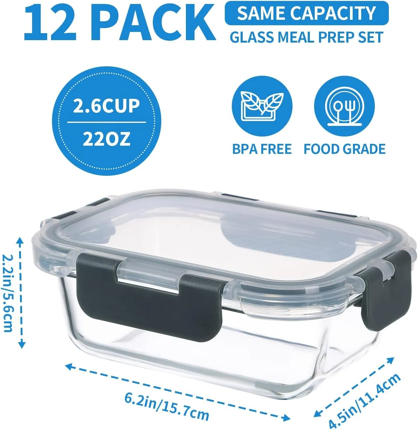 Glass Meal Prep Containers 12-Pack, 22oz Glass Food Storage Containers with Lids, Air-Tight, Leak-Resistant, Freezer to Microwave Safe-Grey Set