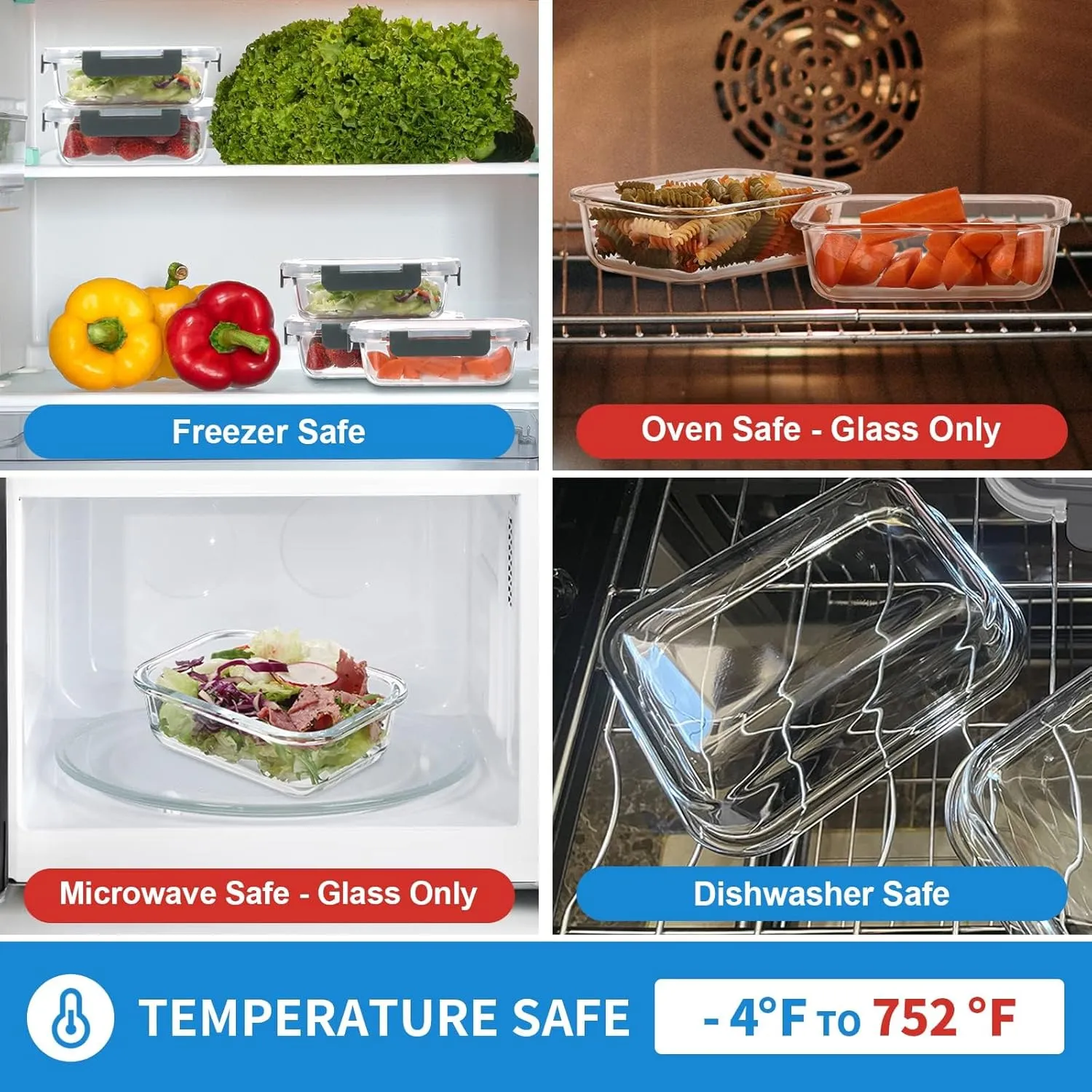 Glass Meal Prep Containers 12-Pack, 22oz Glass Food Storage Containers with Lids, Air-Tight, Leak-Resistant, Freezer to Microwave Safe-Grey Set