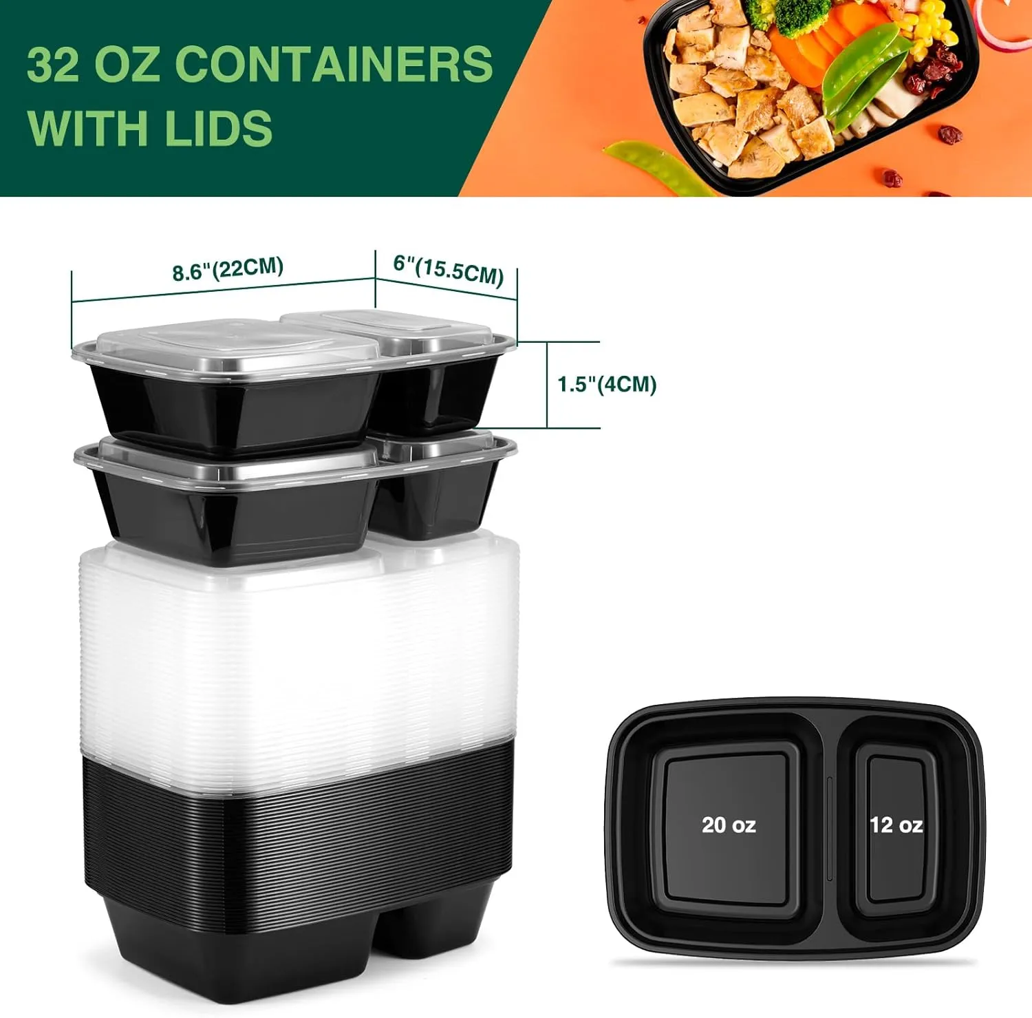 Glotoch 50 Pack 32 oz Meal Prep Containers Reusable, 2 Compartment Food Containers with Lids To Go Containers, Lunch-Microwave,Freezer,Dishwasher Safe