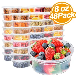 Glotoch 8oz Plastic Containers with Lids- Leakproof Slime,Deli, Food Storage,Soup,Meal Prep Containers.BPA Free,Stackable and Reusable. Freezer & Dishwasher &Microwave Safe(1Cup 48Pack)